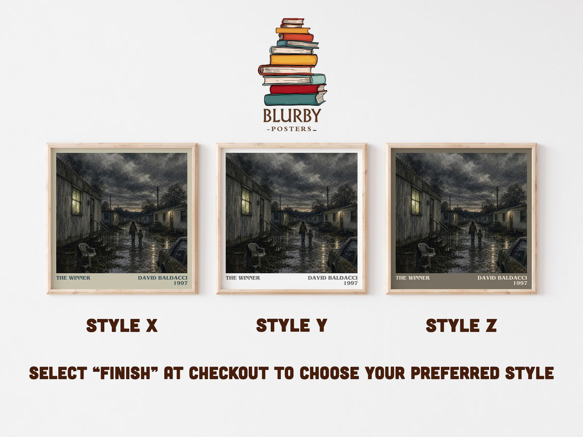 The Winner literary print in frame leaning in hallway – thriller wall art (mockup)