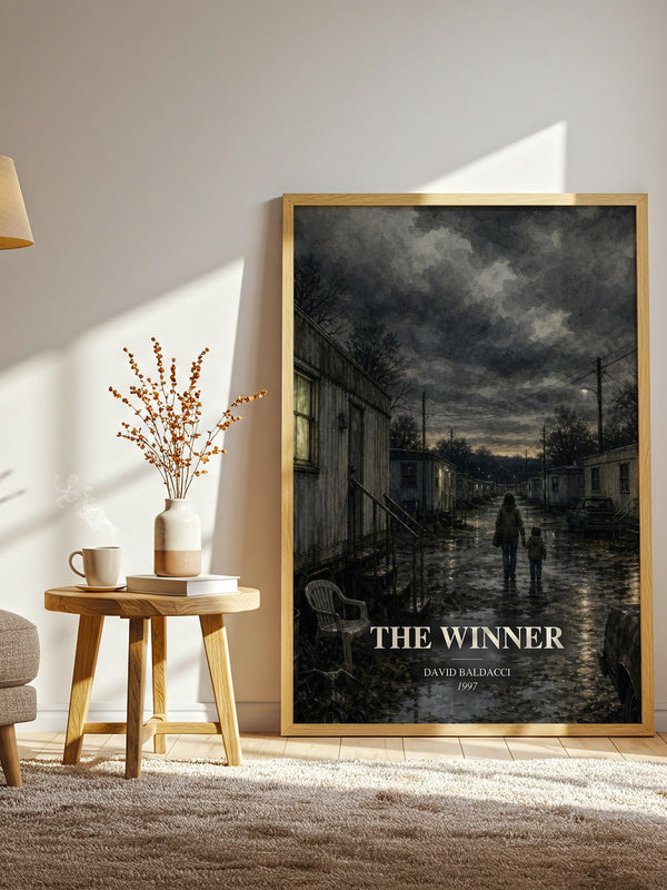 The Winner watercolour print in frame leaning in hallway – thriller wall art