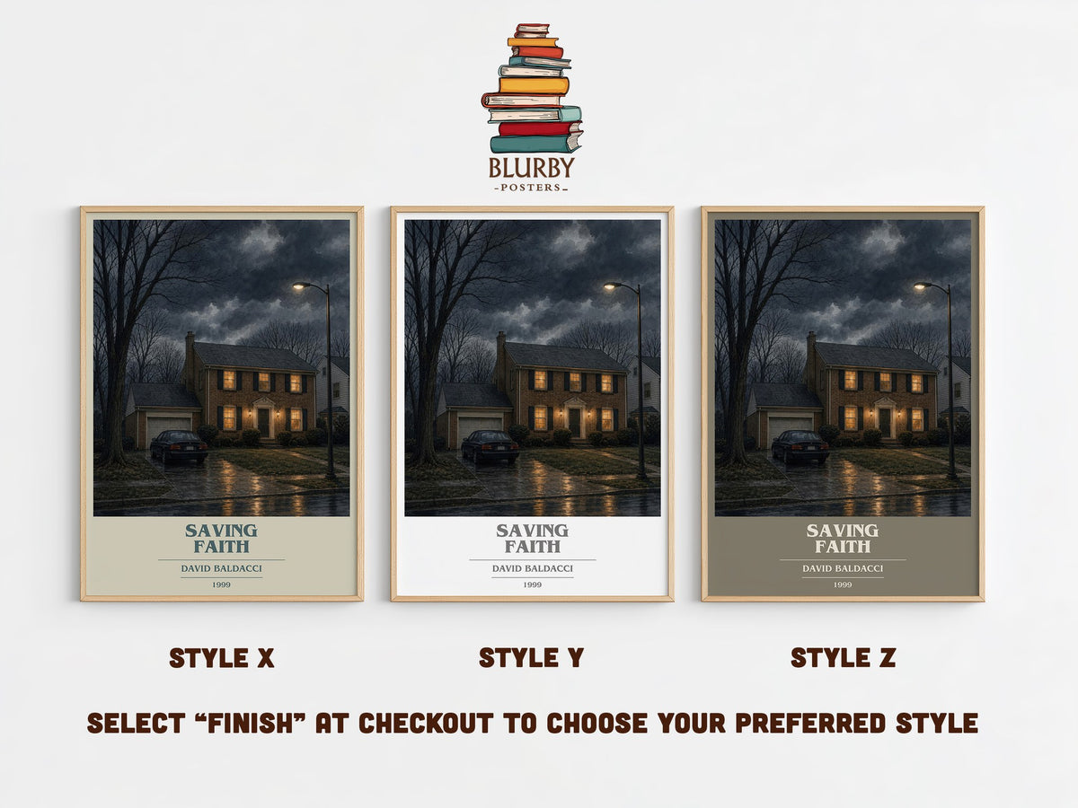 Saving Faith book cover print in frame leaning in hallway – thriller wall art (mockup)