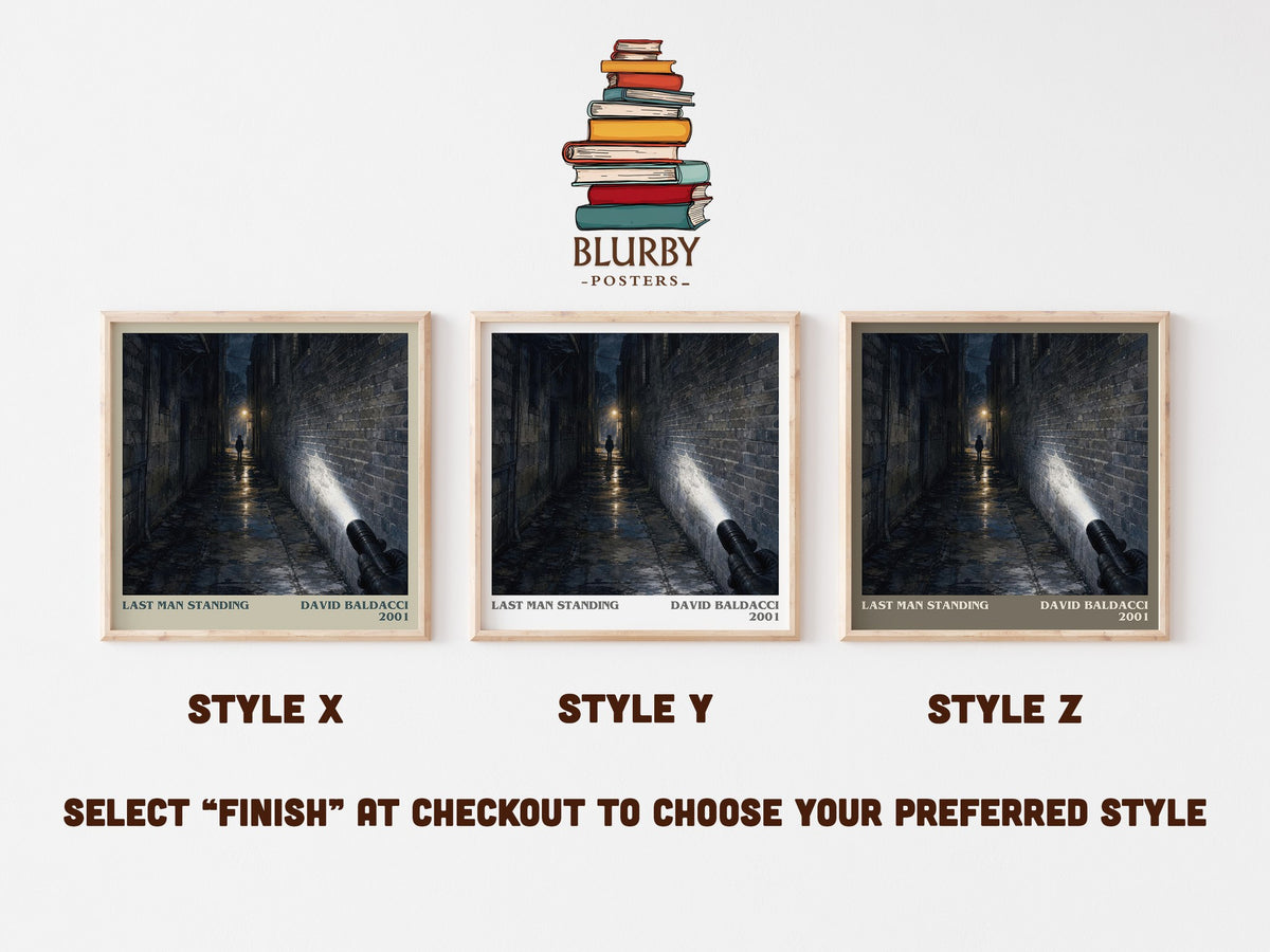 Last Man Standing literary print in frame leaning in hallway – thriller wall art (mockup)