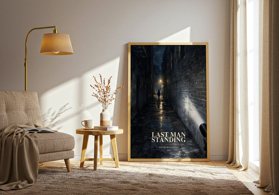 Last Man Standing watercolour print in frame leaning in hallway – thriller wall art (mockup)