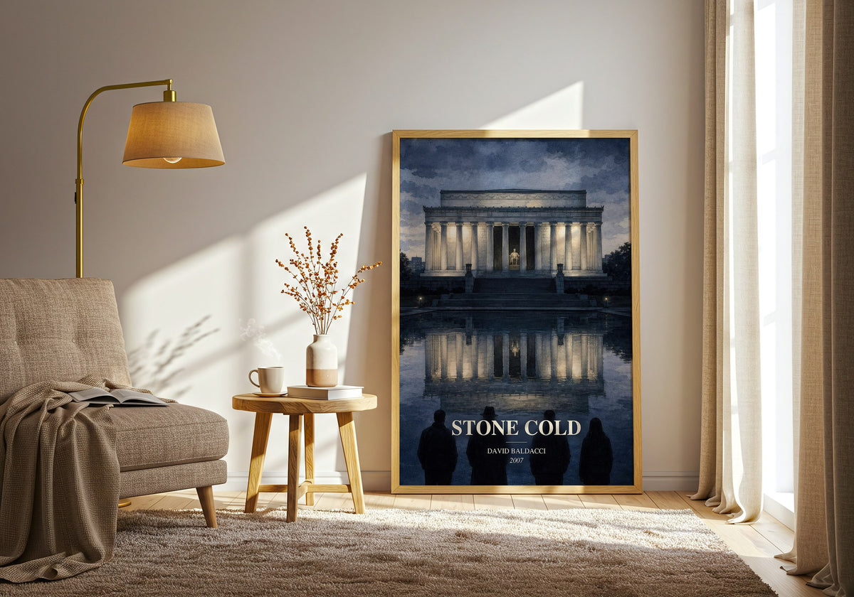 Stone Cold watercolour print in frame leaning in hallway – thriller wall art (mockup)