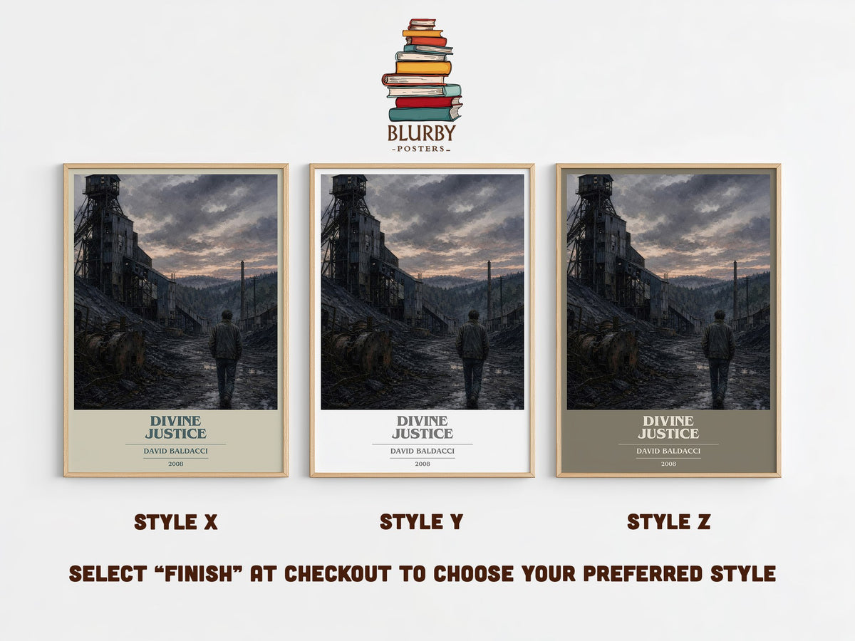 Divine Justice book cover print in frame leaning in hallway – thriller wall art (mockup)
