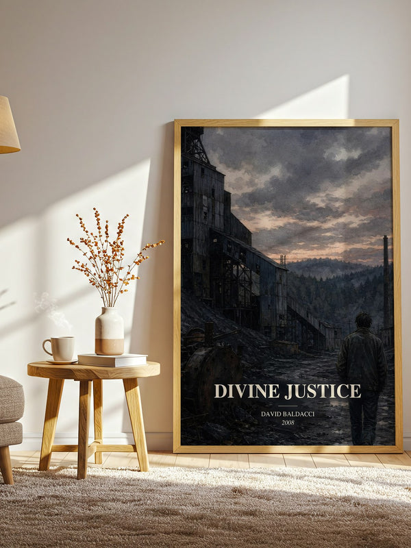 Divine Justice watercolour print in frame leaning in hallway – thriller wall art