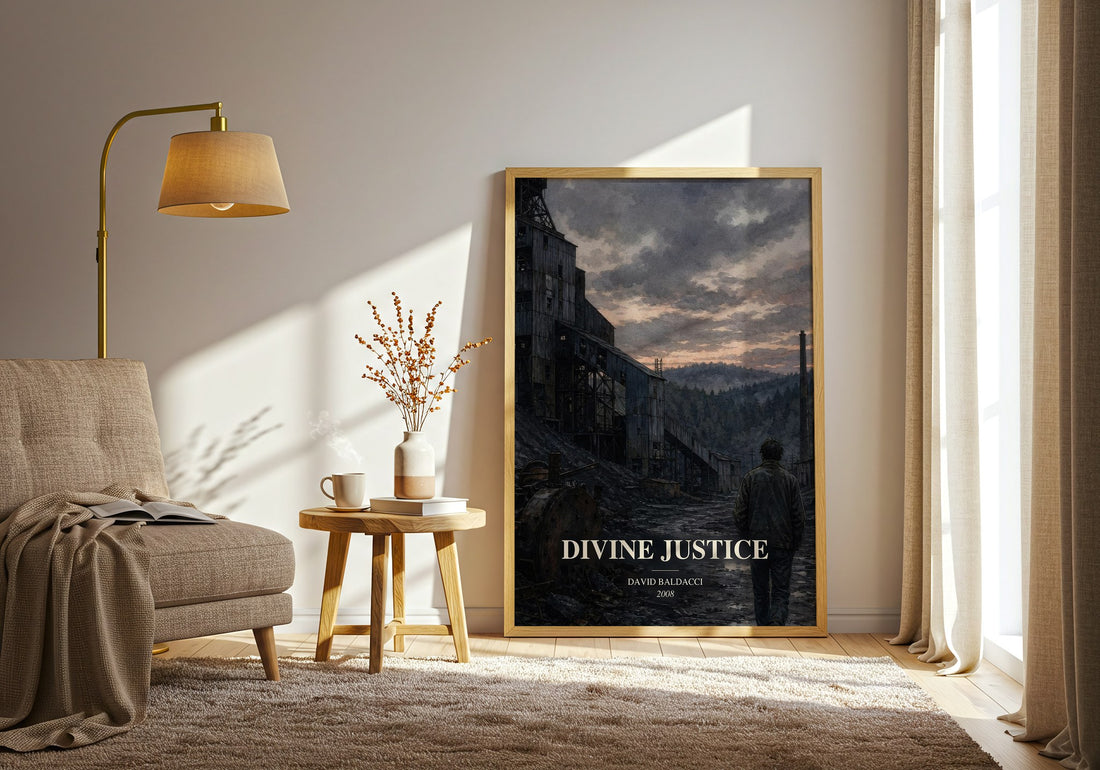 Divine Justice watercolour print in frame leaning in hallway – thriller wall art (mockup)