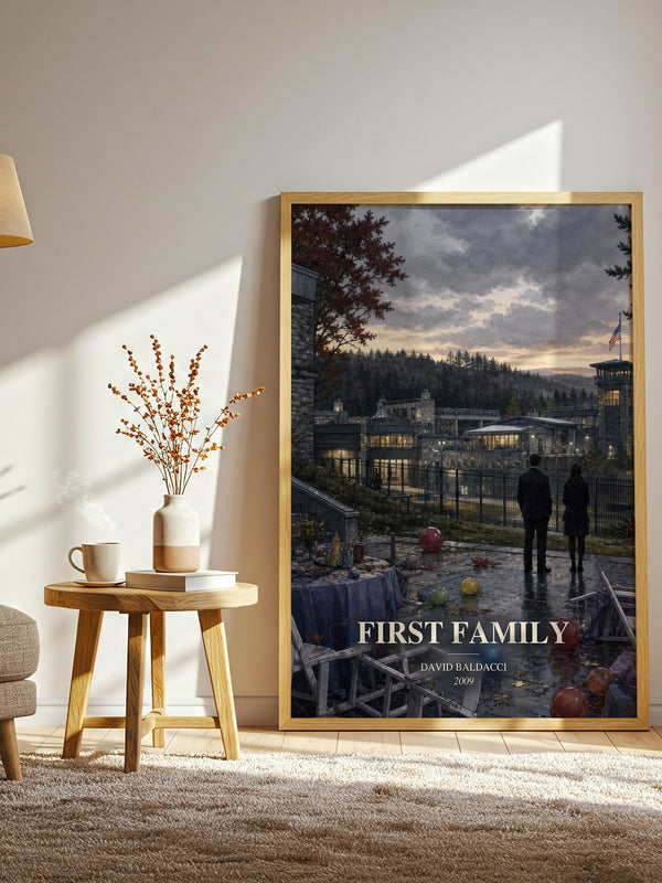 First Family watercolour print in frame leaning in hallway – thriller wall art