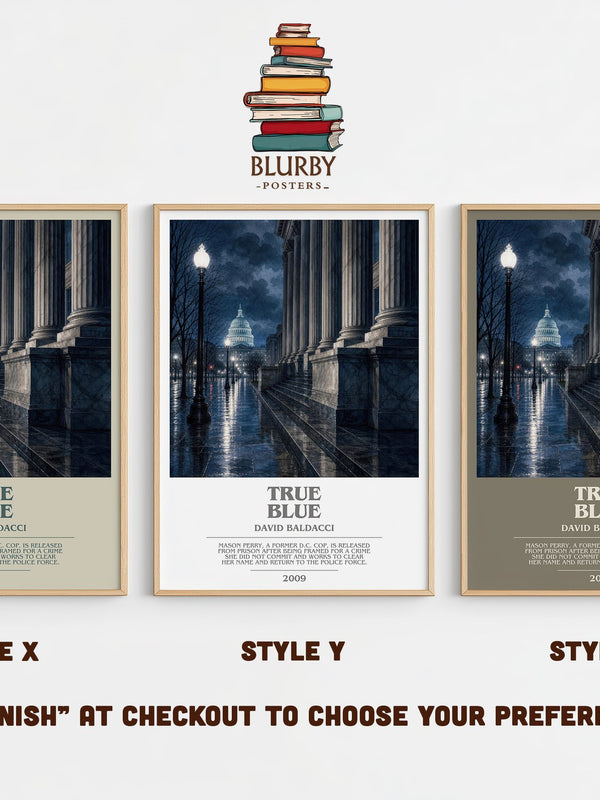 True Blue bookish print in frame leaning in hallway – legal thriller wall art