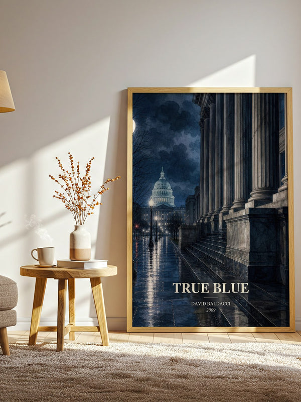 True Blue watercolour print in frame leaning in hallway – legal thriller wall art