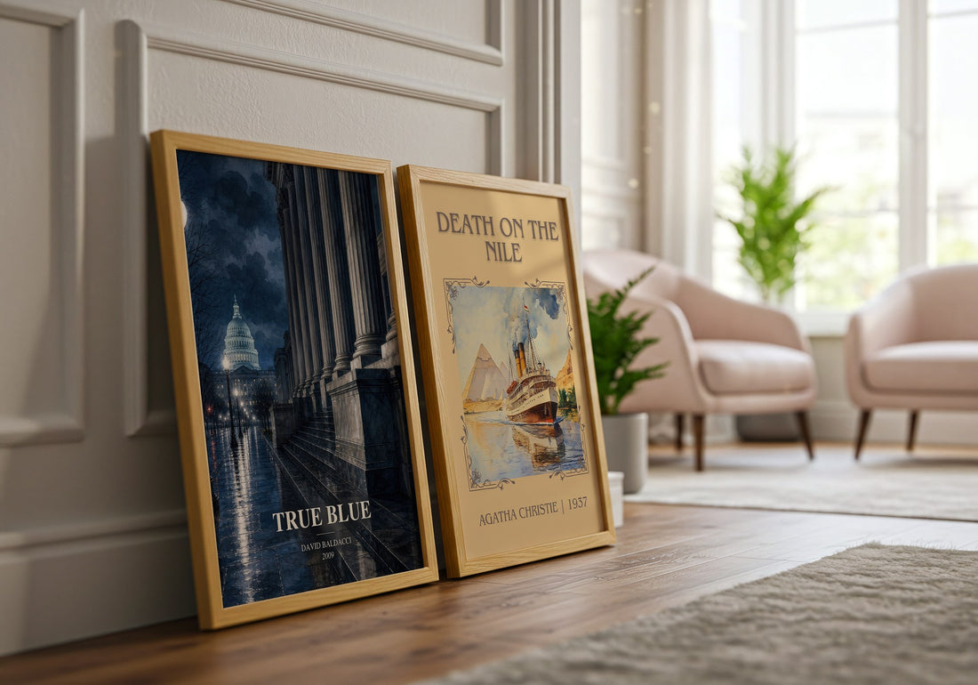 True Blue watercolour print framed by window – literary home decor