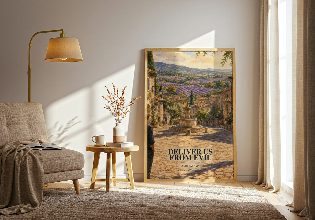 Deliver Us from Evil watercolour print in frame leaning in hallway – thriller wall art (mockup)