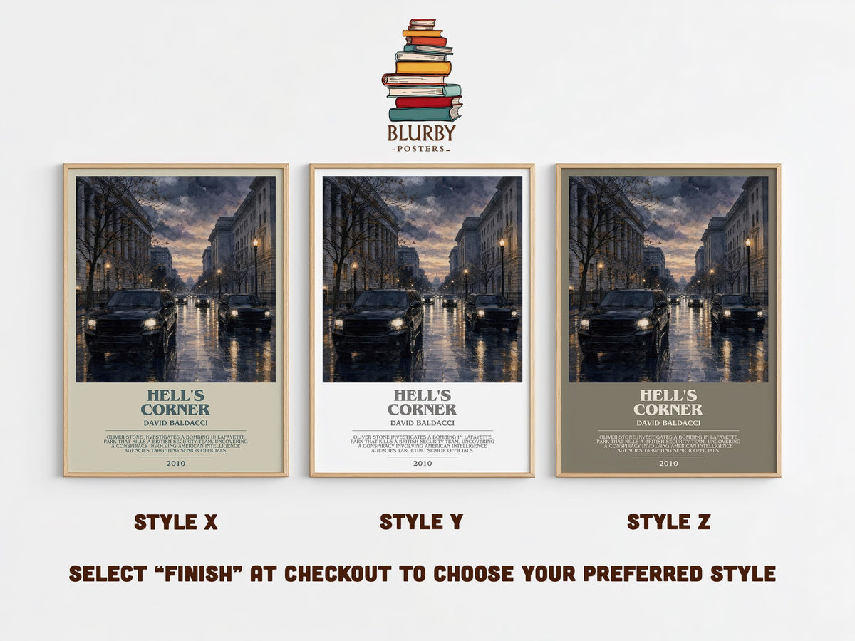 Hell's Corner bookish print in frame leaning in hallway – thriller wall art (mockup)