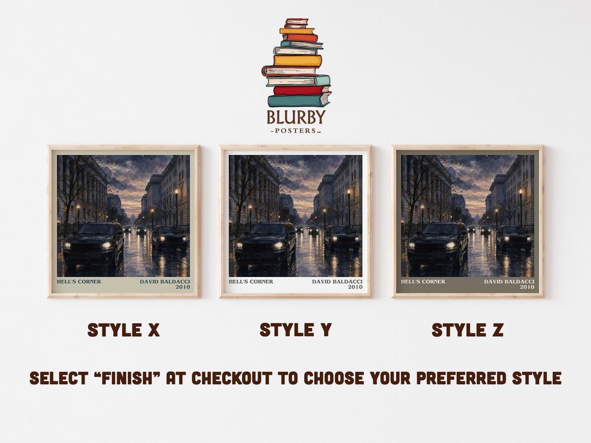 Hell's Corner literary print in frame leaning in hallway – thriller wall art (mockup)