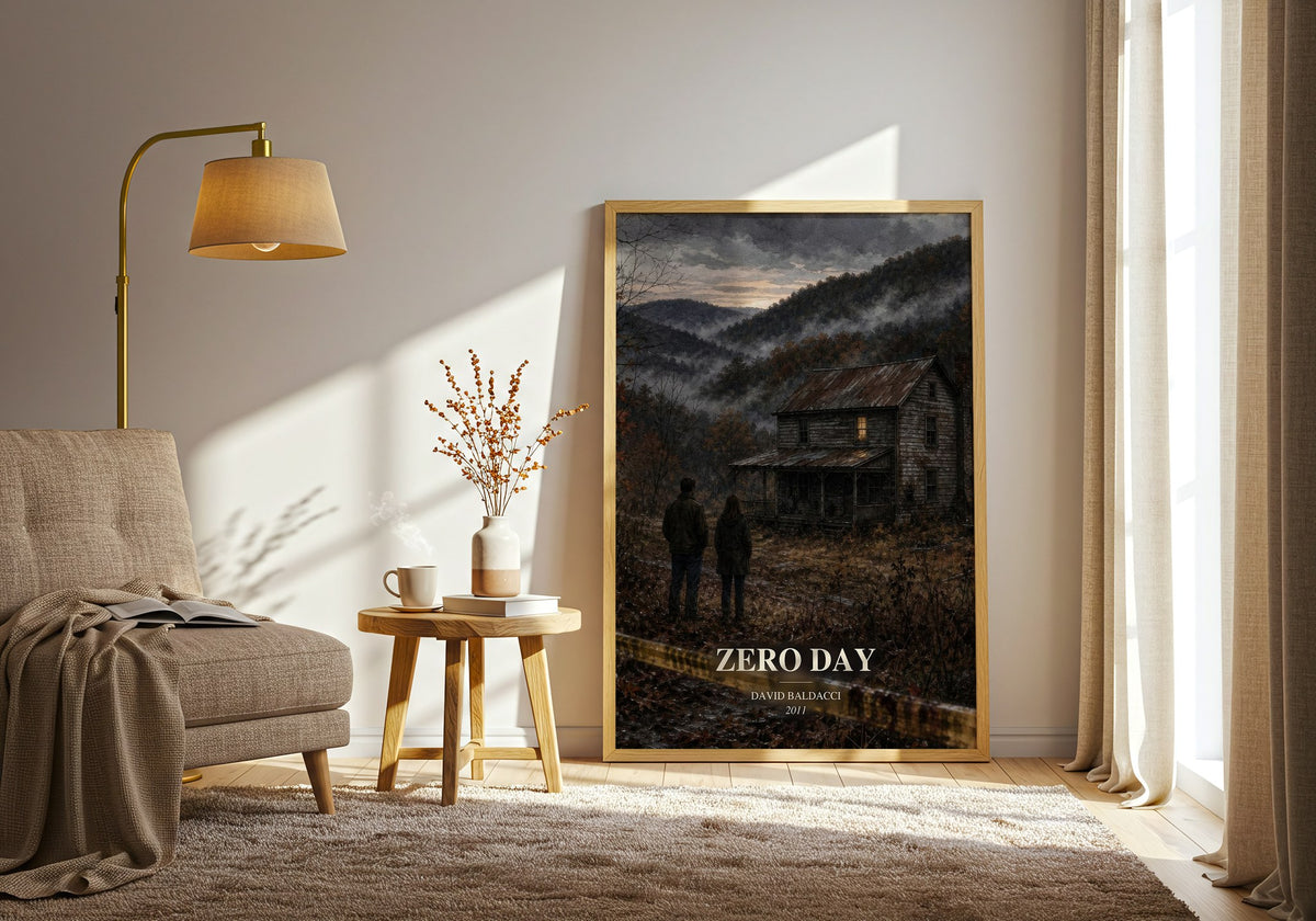 Zero Day watercolour print in frame leaning in hallway – thriller wall art (mockup)