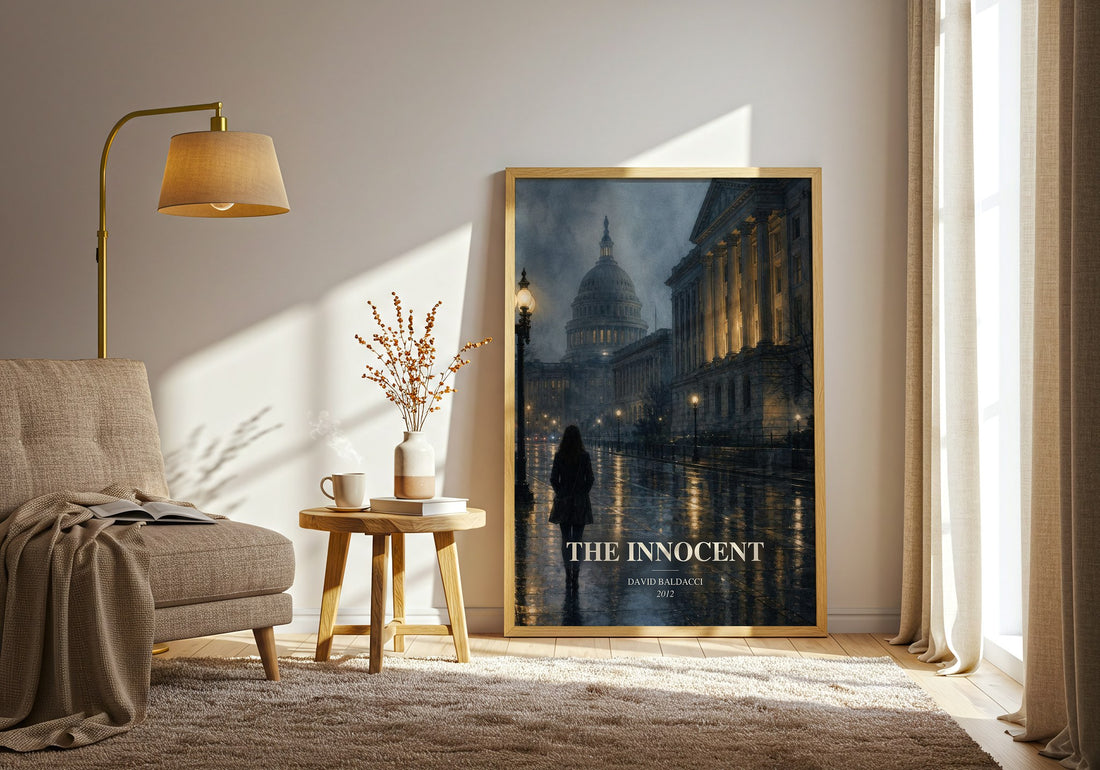 The Innocent watercolour print in frame leaning in hallway – thriller wall art (mockup)
