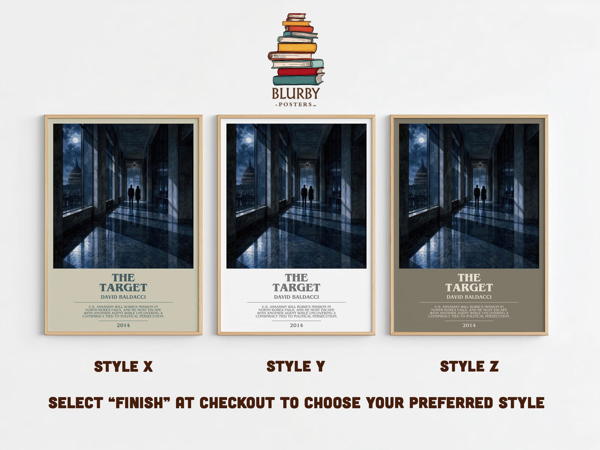 The Target bookish print in frame leaning in hallway – thriller wall art (mockup)