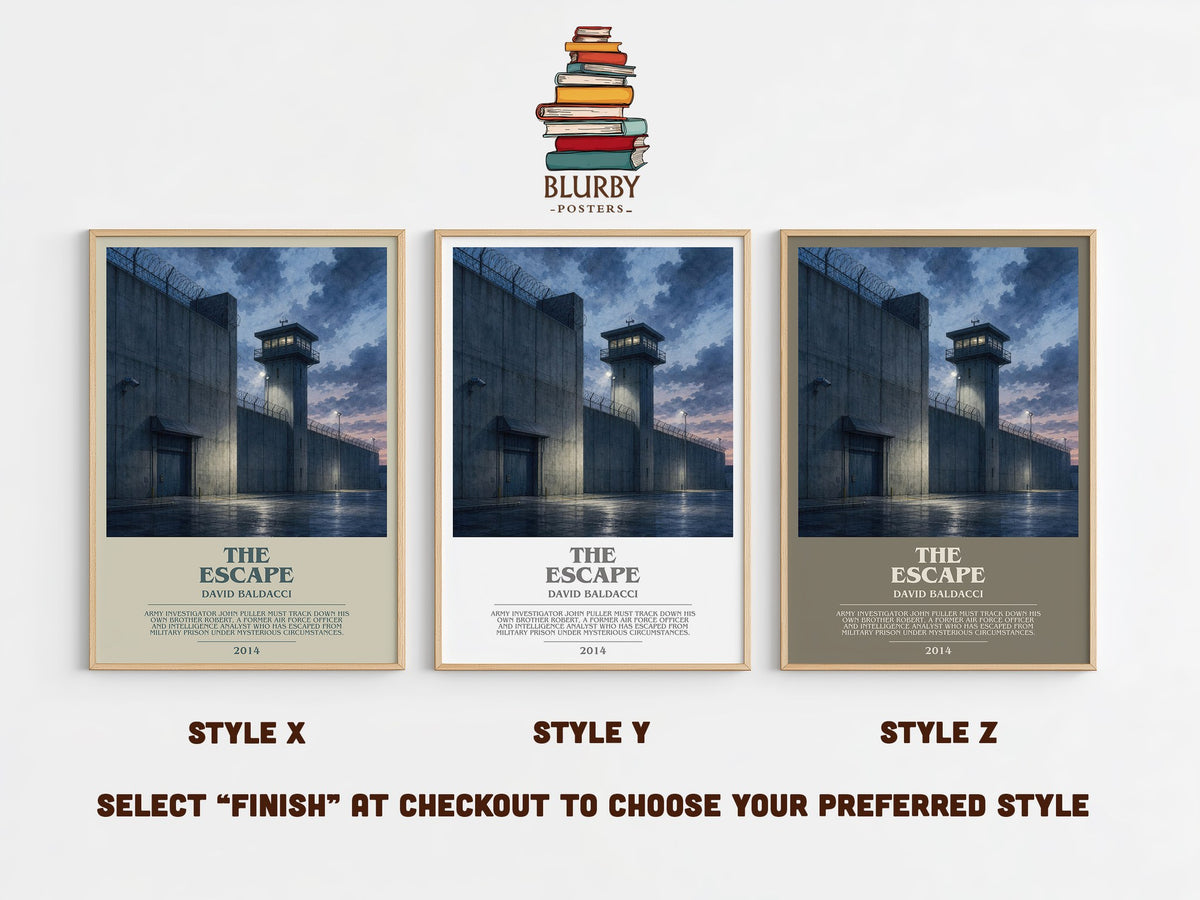 The Escape bookish print in frame leaning in hallway – thriller wall art (mockup)