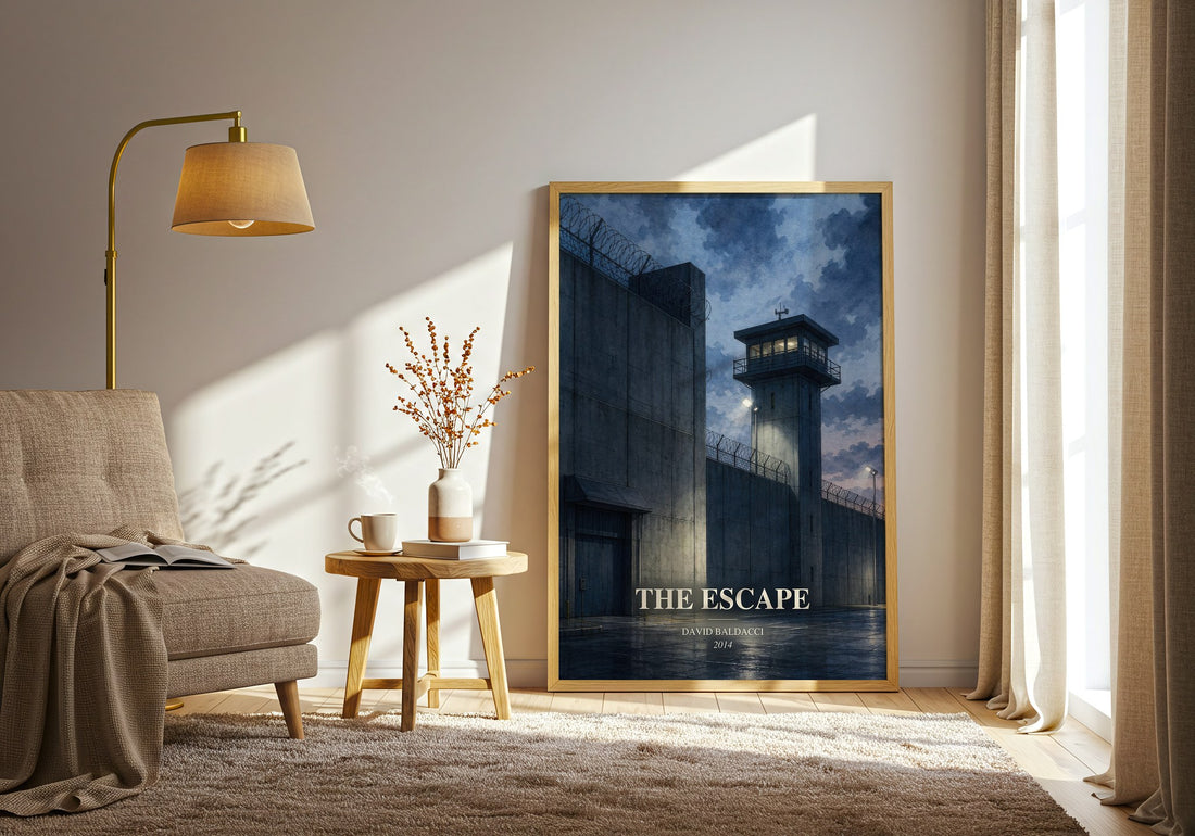 The Escape watercolour print in frame leaning in hallway – thriller wall art (mockup)