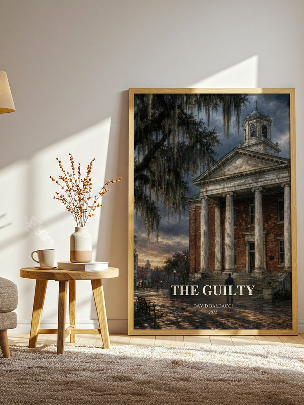 The Guilty watercolour print in frame leaning in hallway – legal thriller wall art