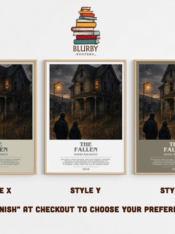 The Fallen bookish print in frame leaning in hallway – thriller wall art