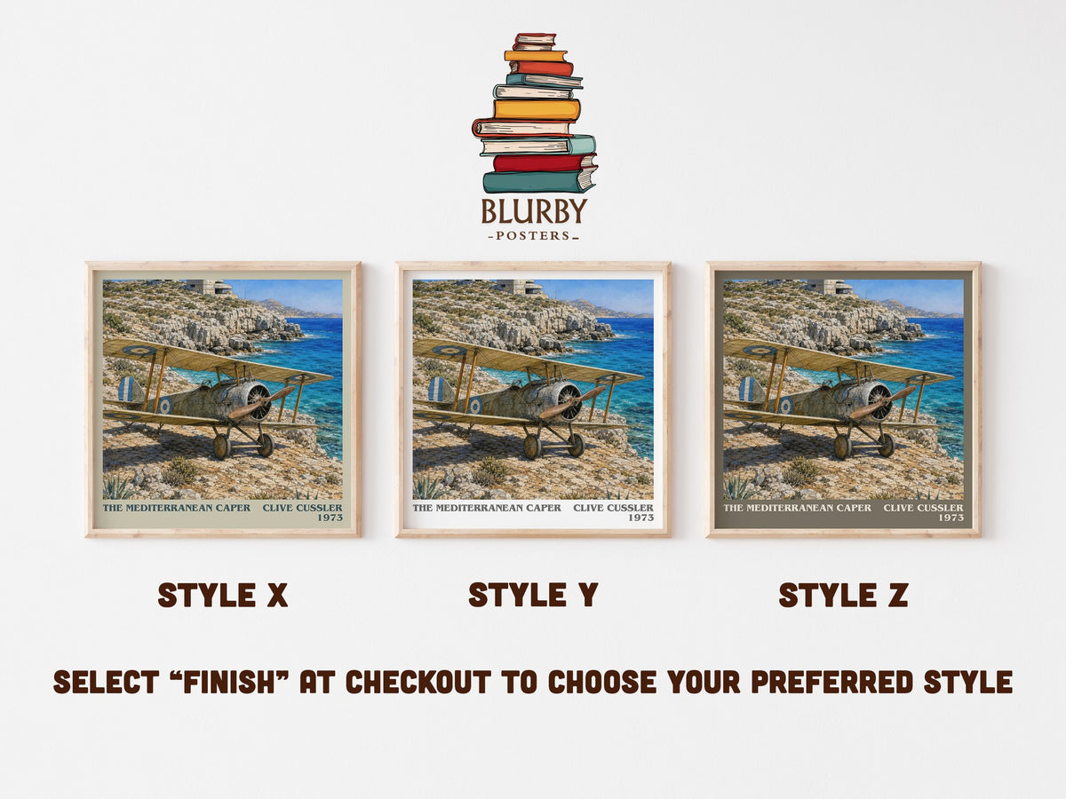 The Mediterranean Caper literary print in frame leaning in hallway – adventure wall art (mockup)