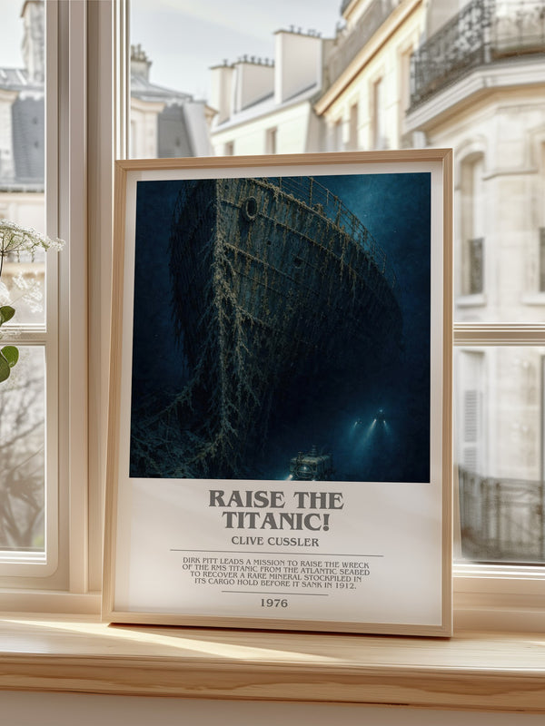 Raise the Titanic! Bookish Wall Art by Clive Cussler – framed print by a bright window