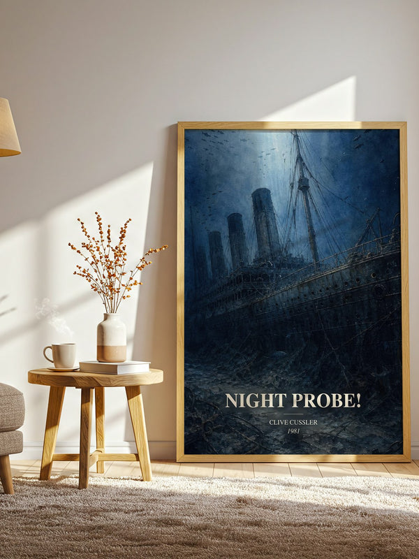 Night Probe! watercolour print in frame leaning in hallway – adventure wall art