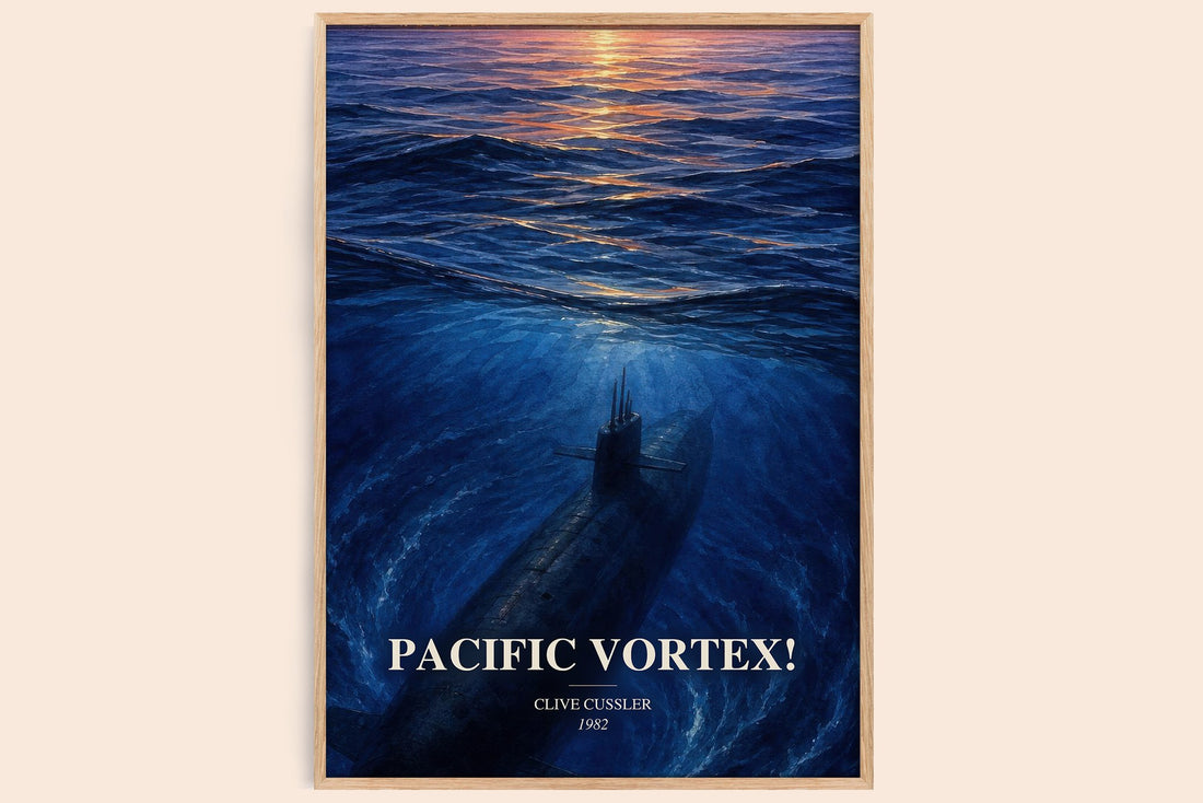 Pacific Vortex! watercolour book poster by Clive Cussler – framed literary art print