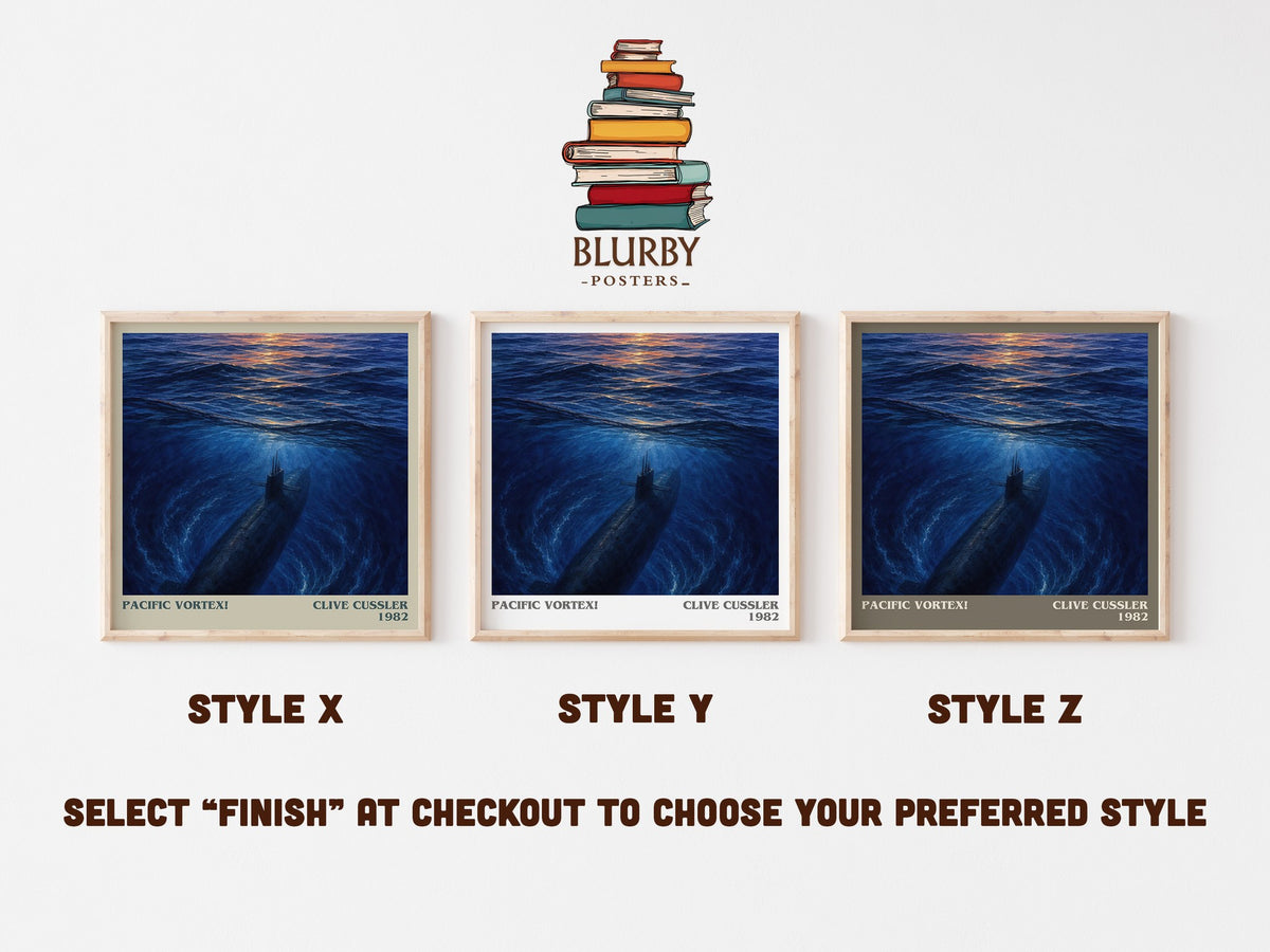 Pacific Vortex! literary print in frame leaning in hallway – adventure wall art (mockup)