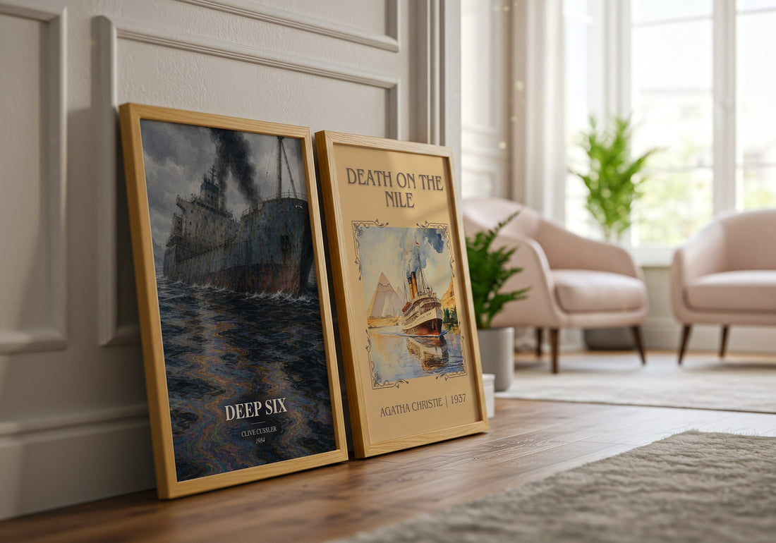 Deep Six watercolour print framed by window – literary home decor