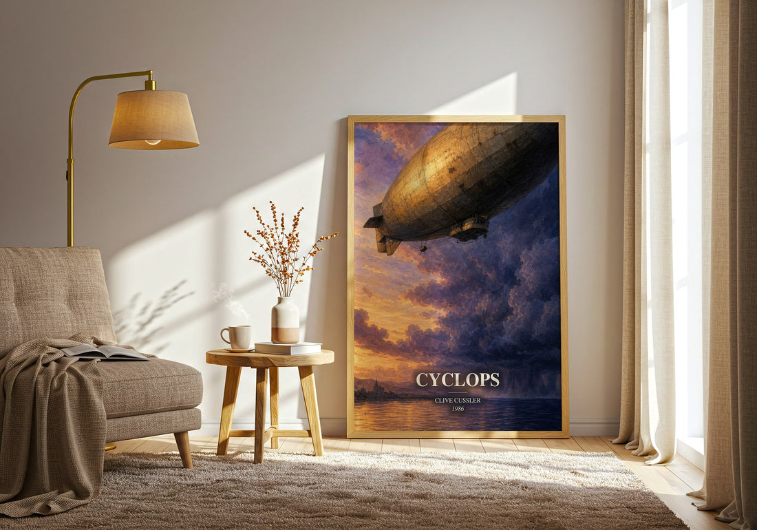 Cyclops watercolour print in frame leaning in hallway – adventure wall art (mockup)