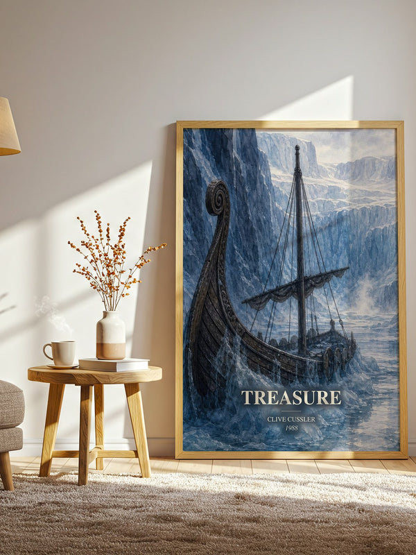 Treasure watercolour print in frame leaning in hallway – thriller wall art