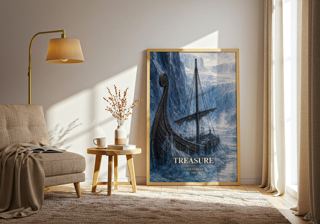 Treasure watercolour print in frame leaning in hallway – thriller wall art (mockup)