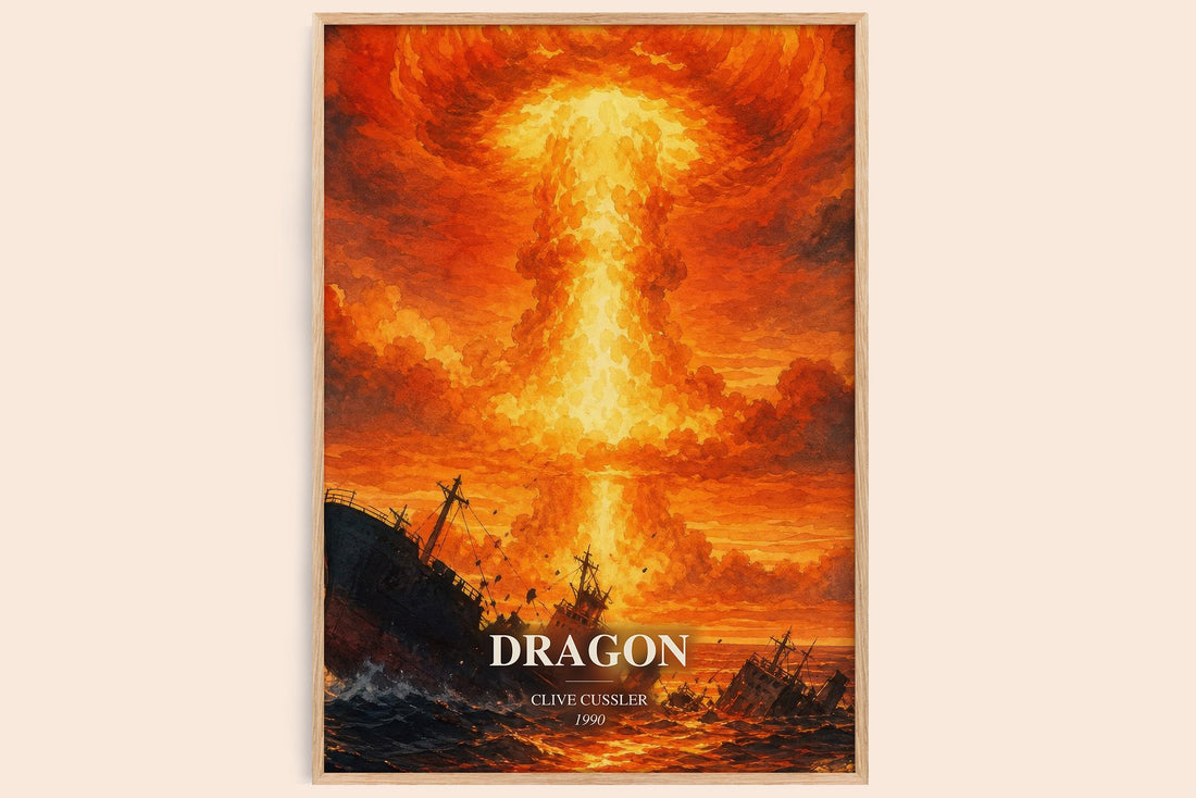 Dragon watercolour book poster by Clive Cussler – framed literary art print