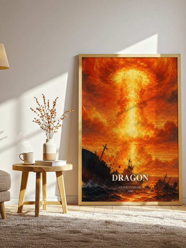 Dragon watercolour print in frame leaning in hallway – thriller wall art
