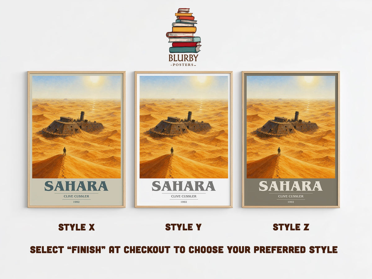 Sahara book cover print in frame leaning in hallway – adventure wall art (mockup)
