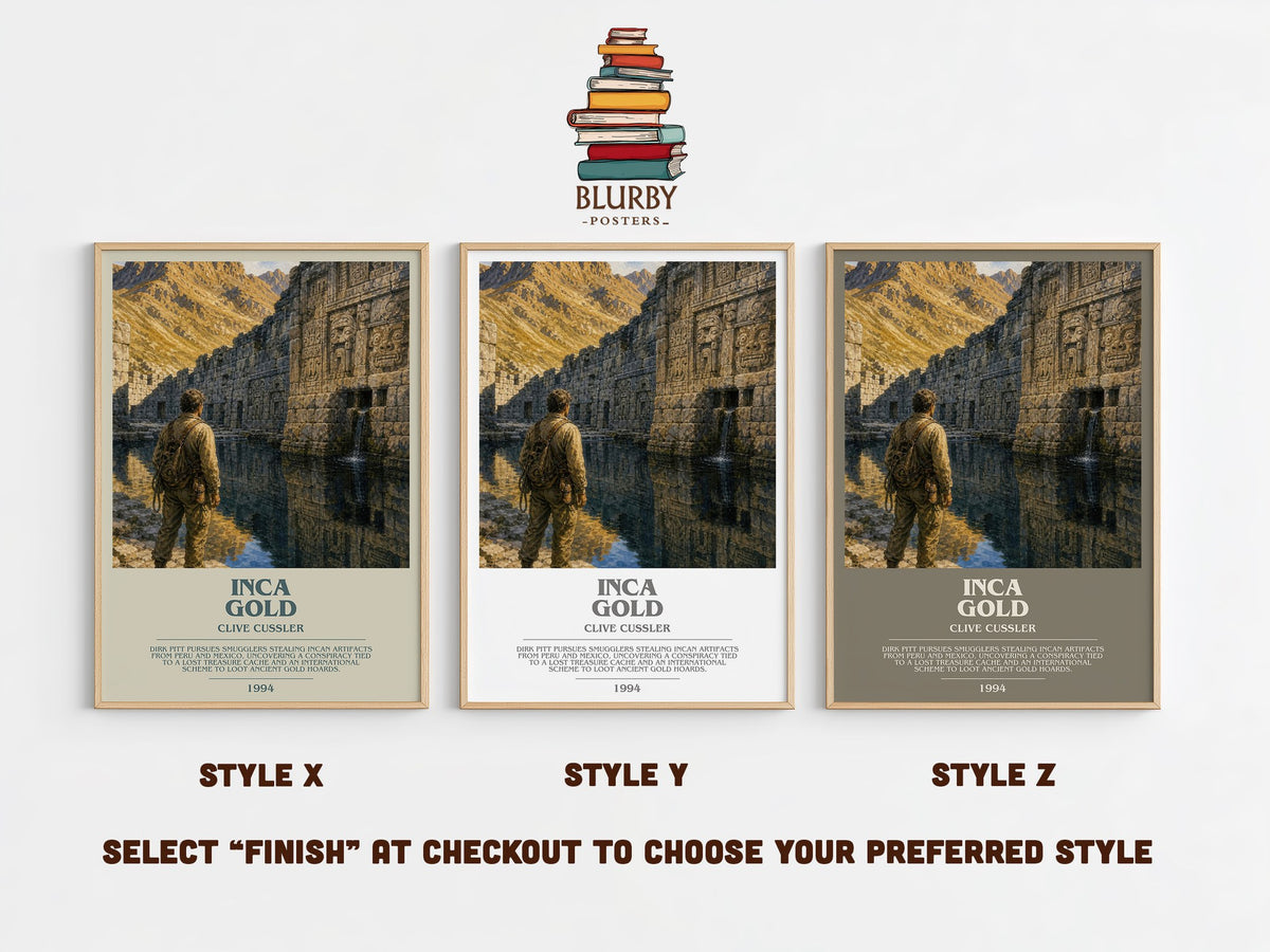 Inca Gold bookish print in frame leaning in hallway – adventure wall art (mockup)