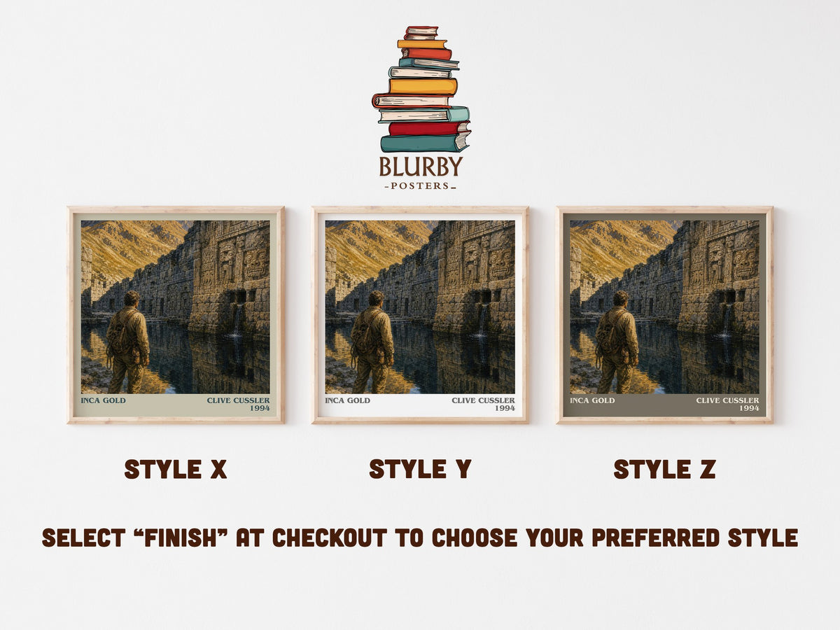 Inca Gold literary print in frame leaning in hallway – adventure wall art (mockup)