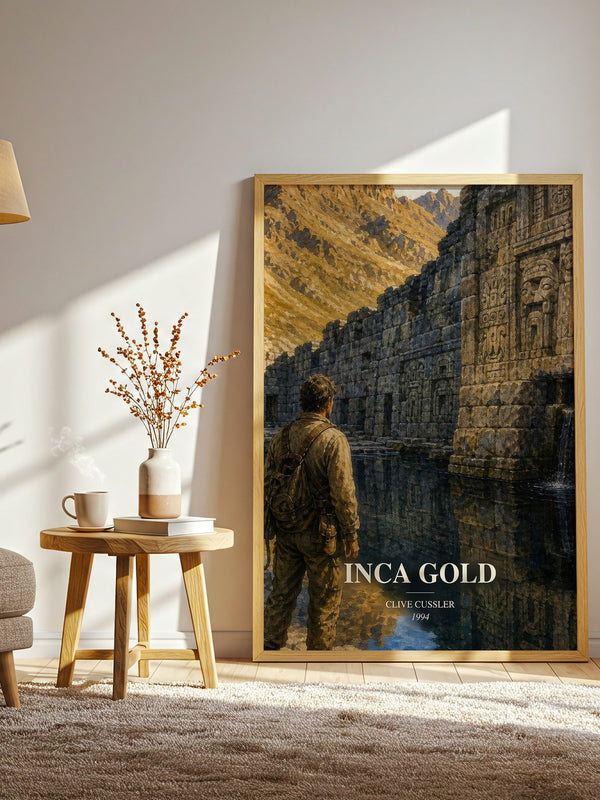 Inca Gold watercolour print in frame leaning in hallway – adventure wall art