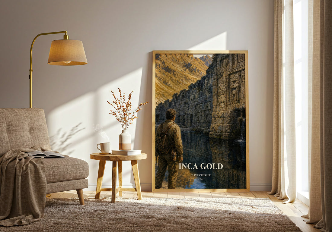 Inca Gold watercolour print in frame leaning in hallway – adventure wall art (mockup)