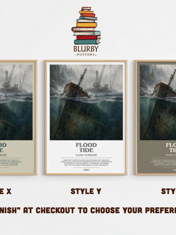Flood Tide bookish print in frame leaning in hallway – thriller wall art