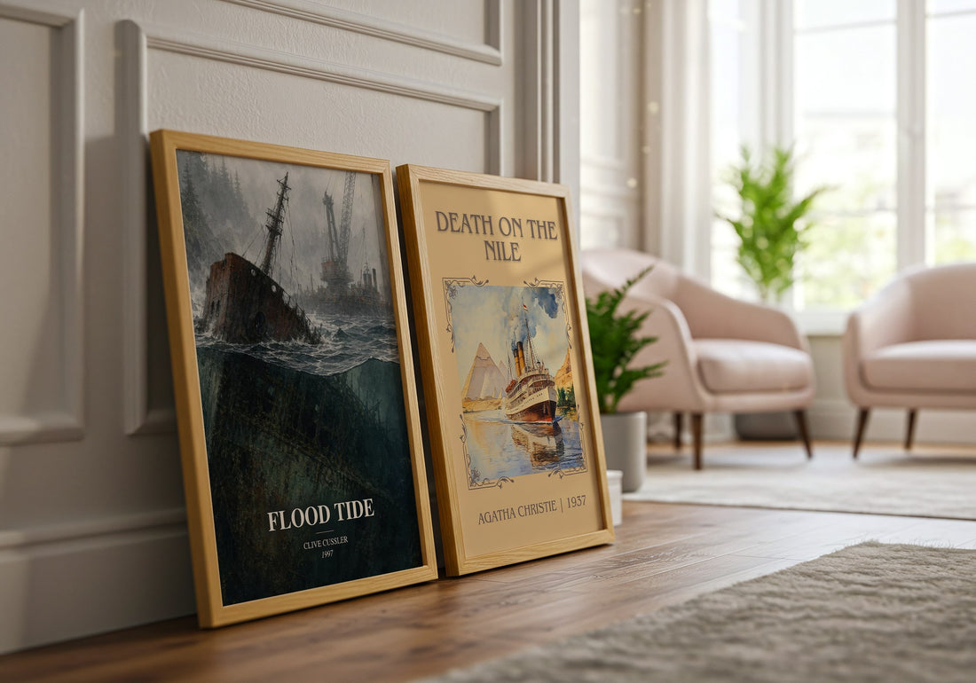Flood Tide watercolour print framed by window – literary home decor