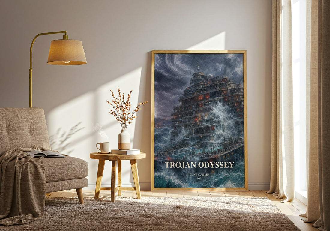 Trojan Odyssey watercolour print in frame leaning in hallway – adventure wall art