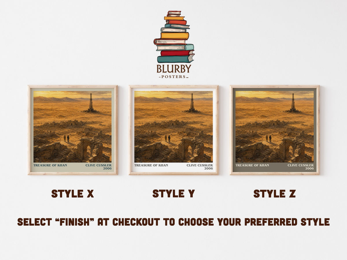 Treasure of Khan literary print in frame leaning in hallway – adventure wall art (mockup)