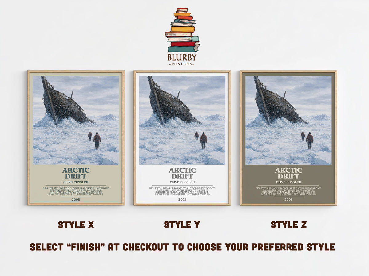 Arctic Drift bookish print in frame leaning in hallway – thriller wall art (mockup)