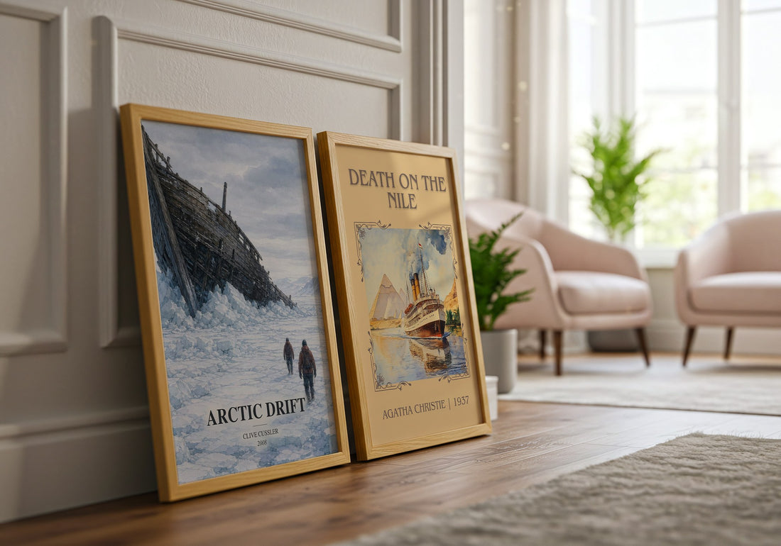 Arctic Drift watercolour print framed by window – literary home decor