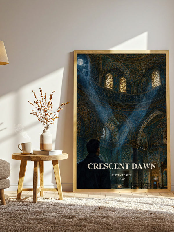 Crescent Dawn watercolour print in frame leaning in hallway – adventure wall art
