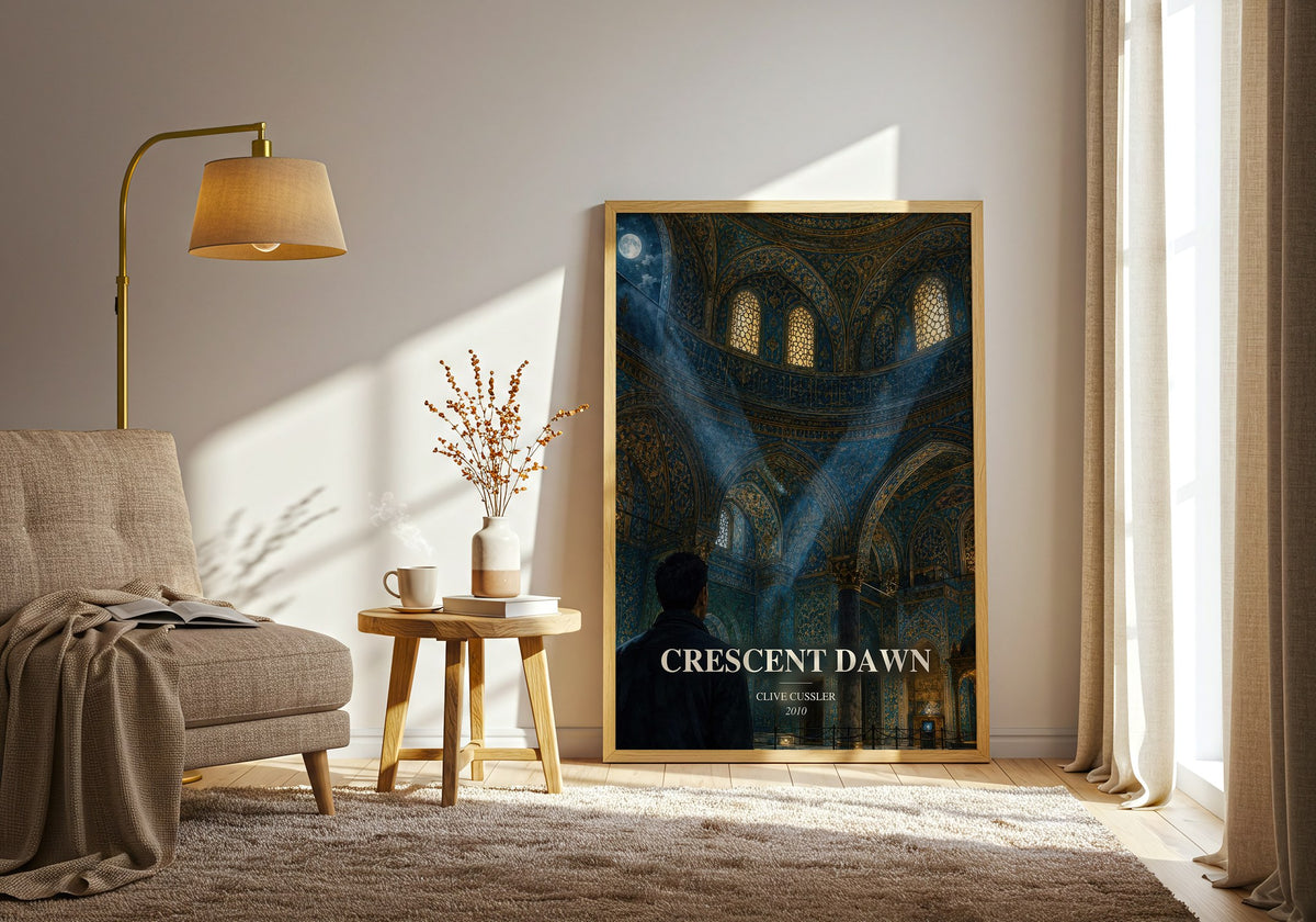Crescent Dawn watercolour print in frame leaning in hallway – adventure wall art (mockup)
