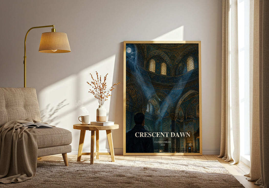 Crescent Dawn watercolour print in frame leaning in hallway – adventure wall art
