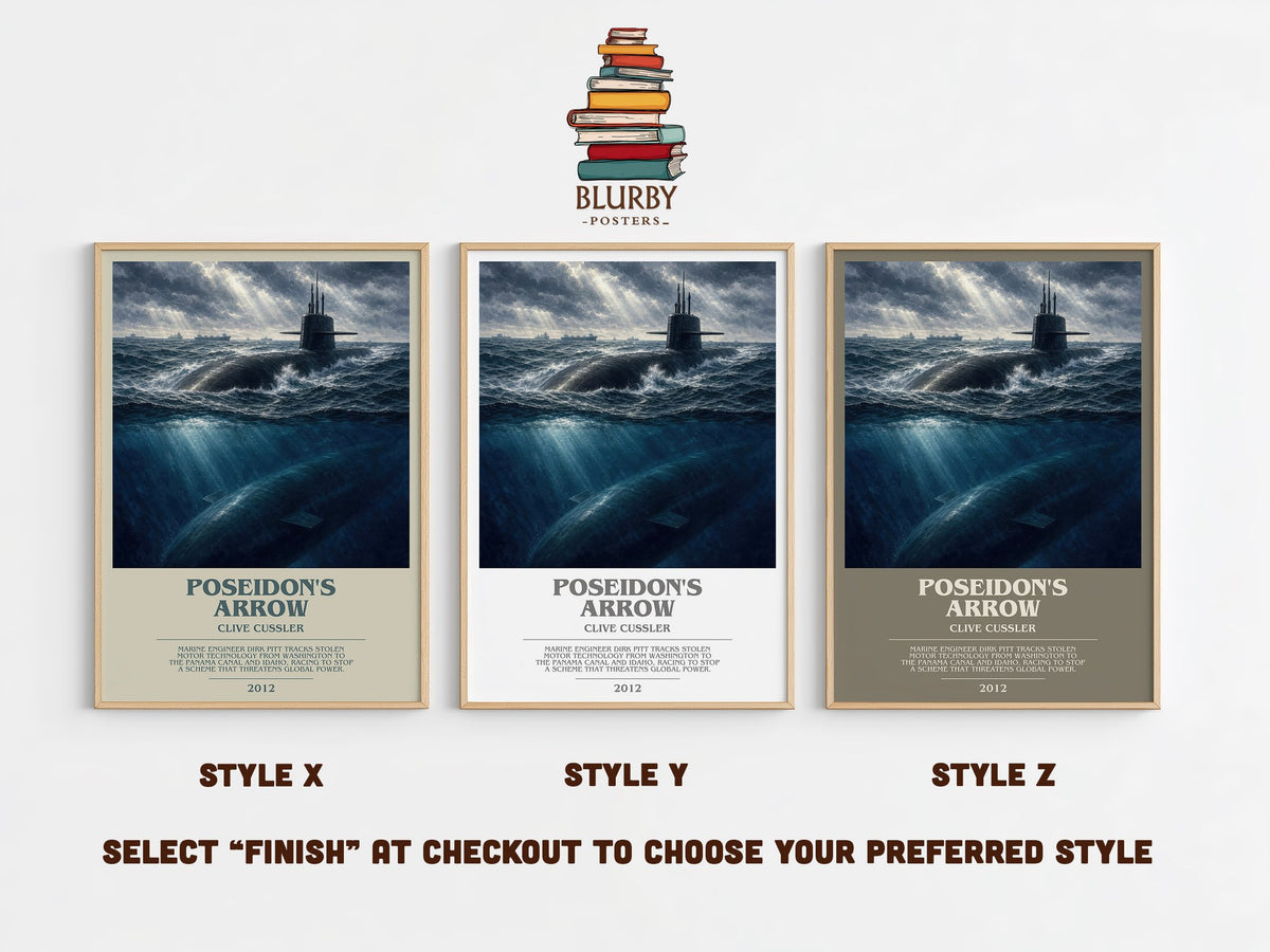 Poseidon's Arrow bookish print in frame leaning in hallway – adventure wall art (mockup)