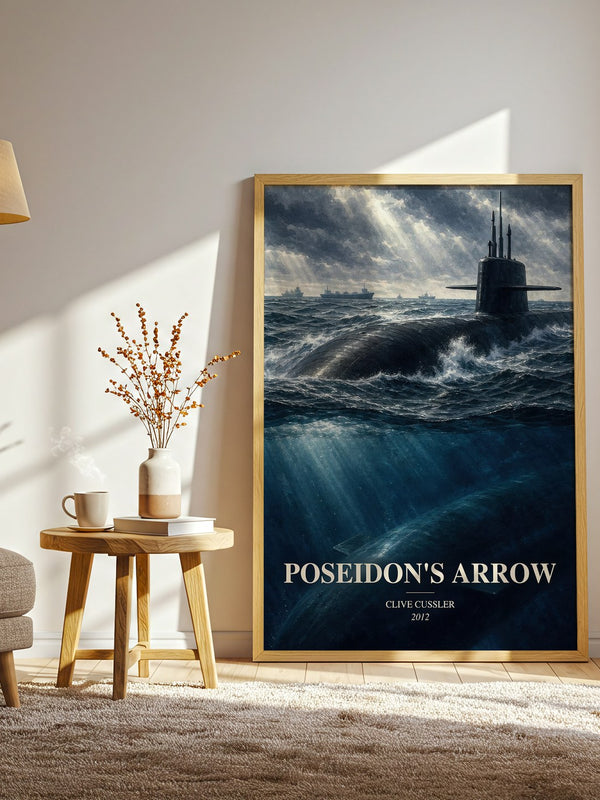 Poseidon's Arrow watercolour print in frame leaning in hallway – adventure wall art